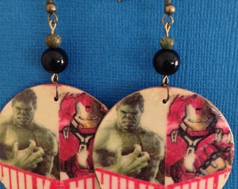 Up-Cycled Incredible Hulk Earrings from mini-poster, Marvel, Iron Man, Avengers, cereal box earrings, decoupage