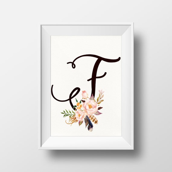 Floral monogram letter F wedding kids initials baby shower