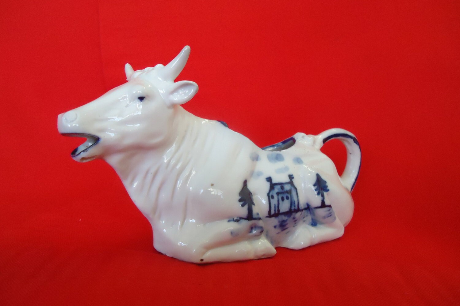German Cow Creamer White with Hand Painted Blue Cottage and Trees