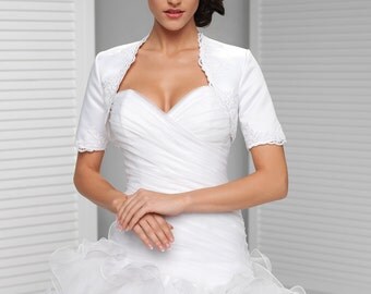 Simple Short Sleeve Satin and Lace Bridal Jacket | Simple Lace Bolero in White and Ivory