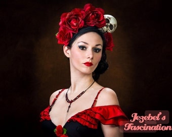 Flower Crown Day of the Dead Halo Dia de los Muertos Red Voodoo Rose Skull Headdress Queen Costume Fascinator Headpiece Frida Headband