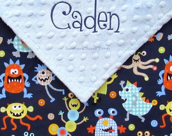 Personalized Baby Boy Blanket. Monsters Baby Blanket, Minky Blanket, Baby Blanket for Baby Boys, Baby Minky Blanket, Baby Boy, Blue Monsters