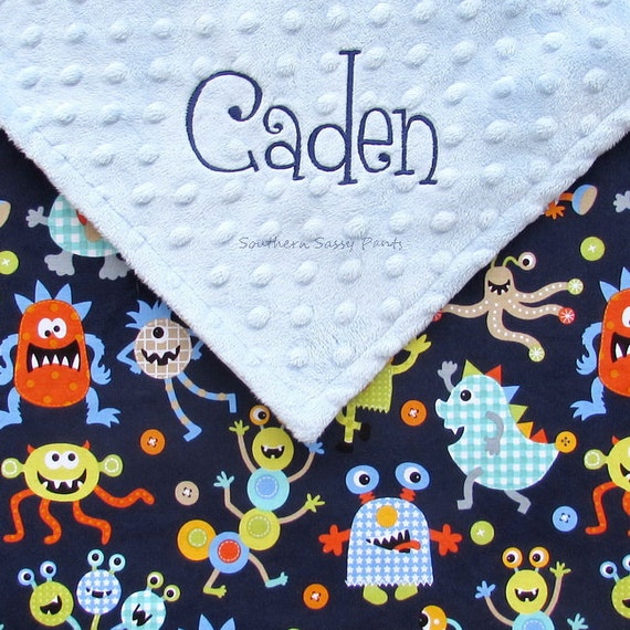 Personalized Baby Boy Blanket. Monsters Baby Blanket Minky