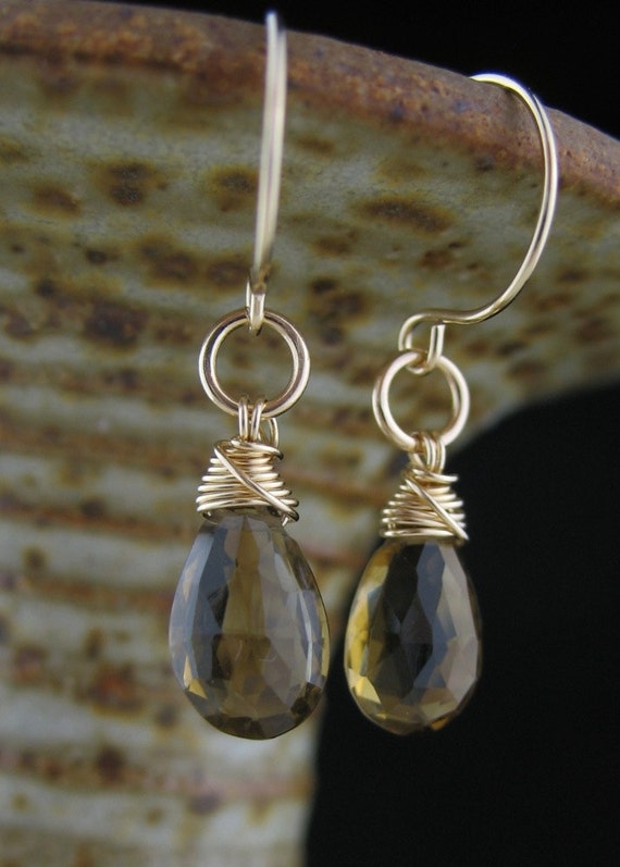 Solid Gold Wired Brown Stone Earrings Real Gold by LoneRockJewelry