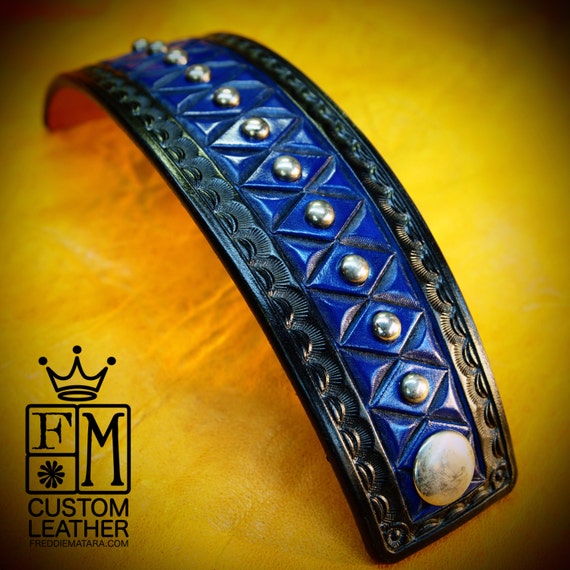 Leather cuff bracelet- American Cowboy King Black and Blue Handcrafted for YOU in NYC by Freddie Matara