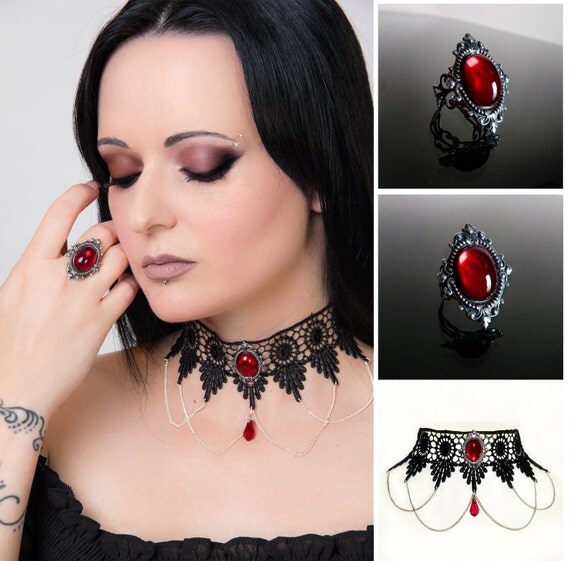 Gothic choker and ring set - SINISTRA Ruby red lace choker and matching Ruby red ornate filigree gothic ring by DarkEleganceDesigns steampunk buy now online