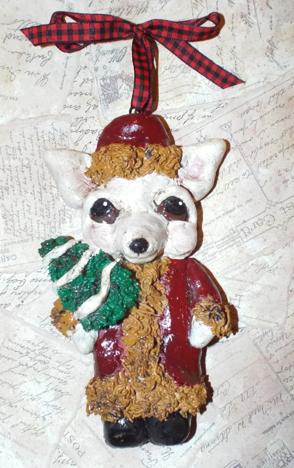 Folk Art Vintage Chihuahua Santa Claus Ornament Doll