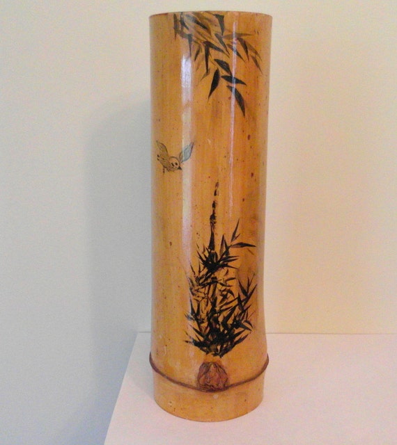 Items similar to Unusual Japanese Bamboo Vase Hand Painted Birds