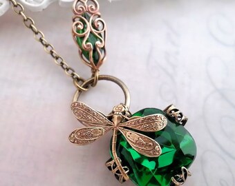 Emerald green dragonfly necklace, Art Nouveau asymmetrical necklace, dragonfly jewelry, dragonfly pendant necklace, filigree jewelry, bug