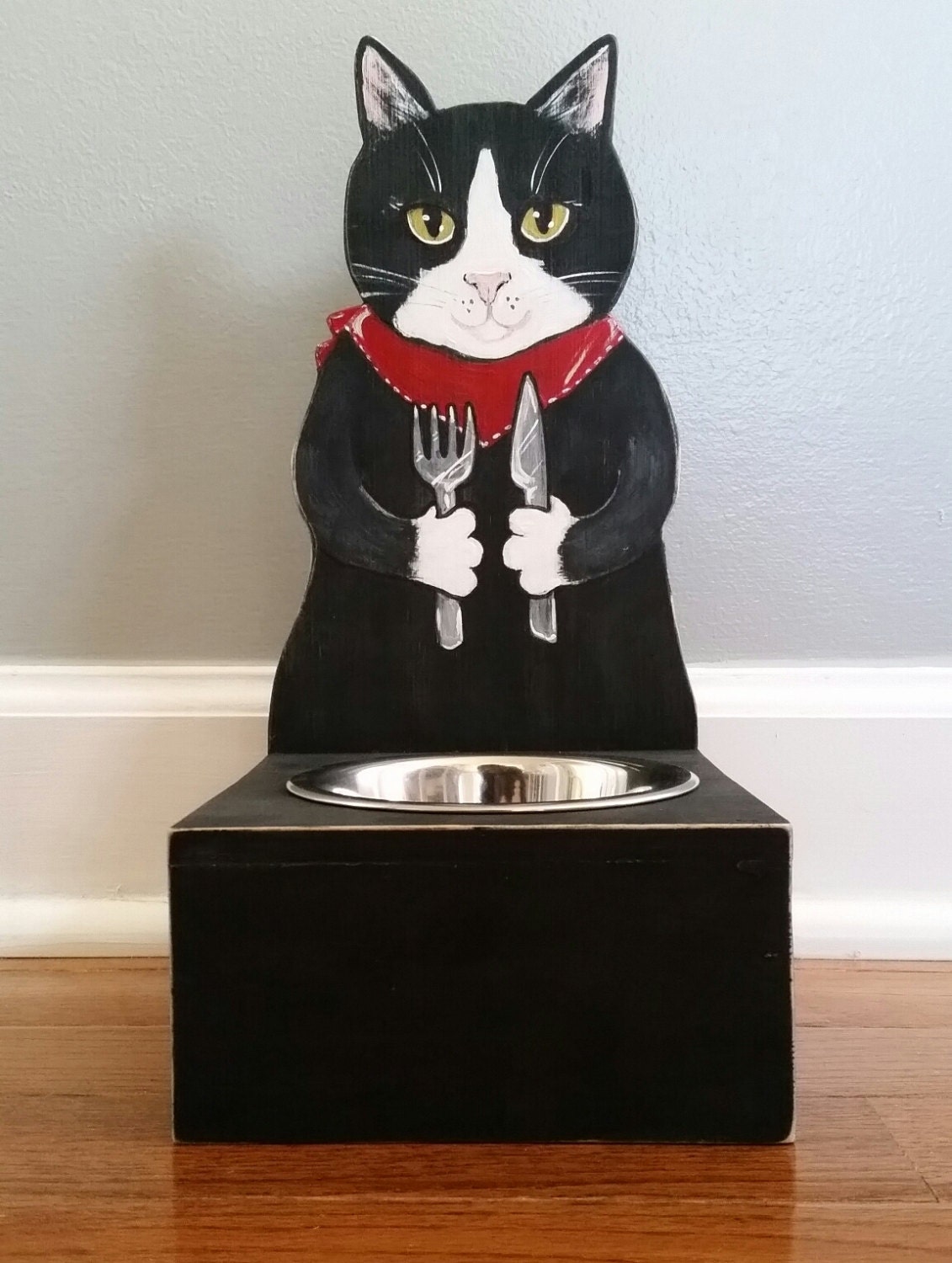 Cat Food Bowl Holder Tuxedo Cat Functional Hand Made Wood