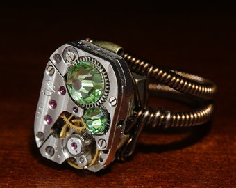 Steampunk Jewelry - Ring - Peridot Svarovski Crystal