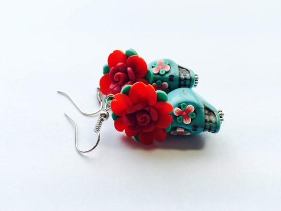 Large Red and Turquoise Day of the Dead Roses and Sugar Skull