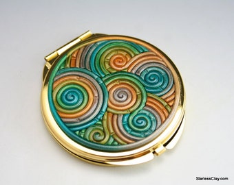 SALE Compact Mirror in Green and Gold Polymer Clay (Gold Plated) 25% Off Clearance