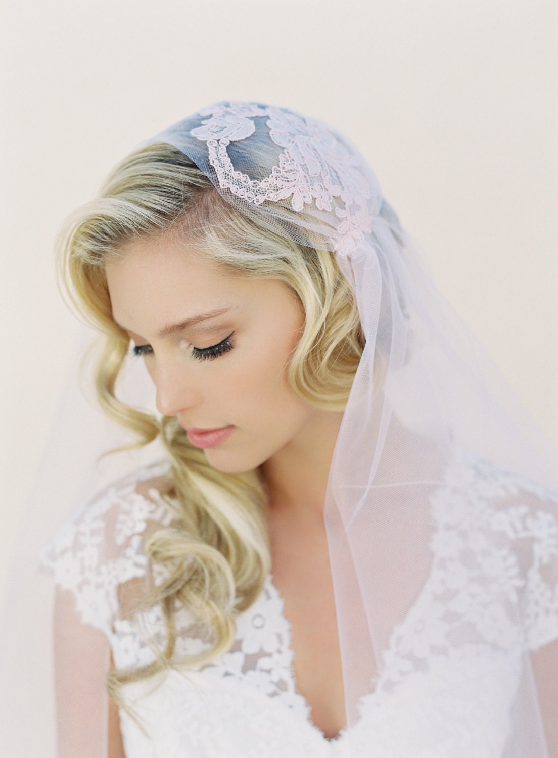 Lace Veil Blush Wedding Veil Juliet Cap Veil Pink by veiledbeauty