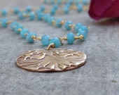Blue chalcedony natural gemstone necklace bronze angel wing pendant natural gemstone jewelry beaded handmade metalwork gifts for her