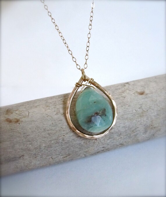 Items similar to 14k Gold Teardrop Opal necklace, turquoise gemstone ...