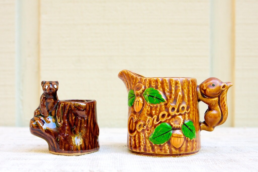 Vintage Souvenir Ceramic Creamer and Toothpick Holder, Woodland Squirrel and Bear, Canada