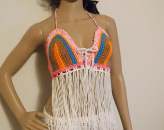 FRINGE FESTIVAL TOP, Hippie crochet top, Fringe halter top, rainbow crochet top, crochet fringe halter top, Fringe, gypsy clothing, Hippie