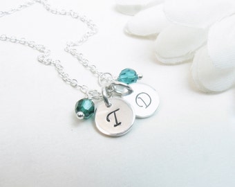 Sterling Silver Initial Disc Necklace // Silver Disc Necklace // Silver Initial Necklace // 2 Discs Necklace // Birthstone Necklace