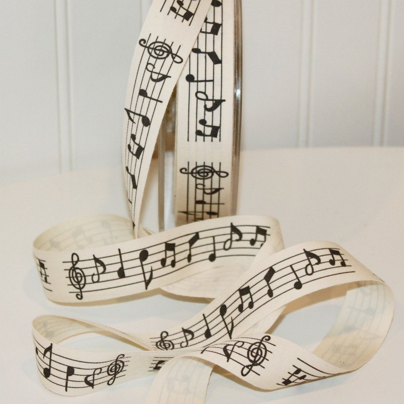 Ribbon, Musical Notes Print Ribbon, 3/4 inch wide Ivory Canvas Ribbon