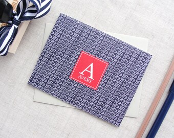Monogram Stationery | Japanese Ocean Wave Pattern | Set of 10 Folded Note Cards | Personalize Stationery | Custom Stationery