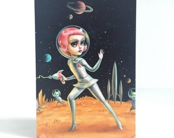 Caturn Attack! - 4 x 5.75 Mini Art Print by Mab Graves - unframed - open edition