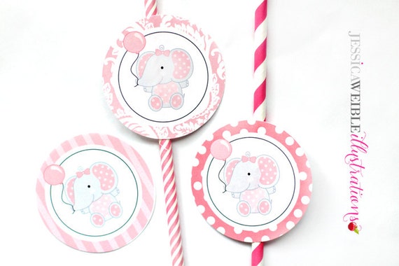 Pink Baby Girl Balloon Elephant Theme - Printable Party Tags - 2.5" Cupake Toppers - Baby Girl Party Favors - Baby Girl Party Printables Il_570xn
