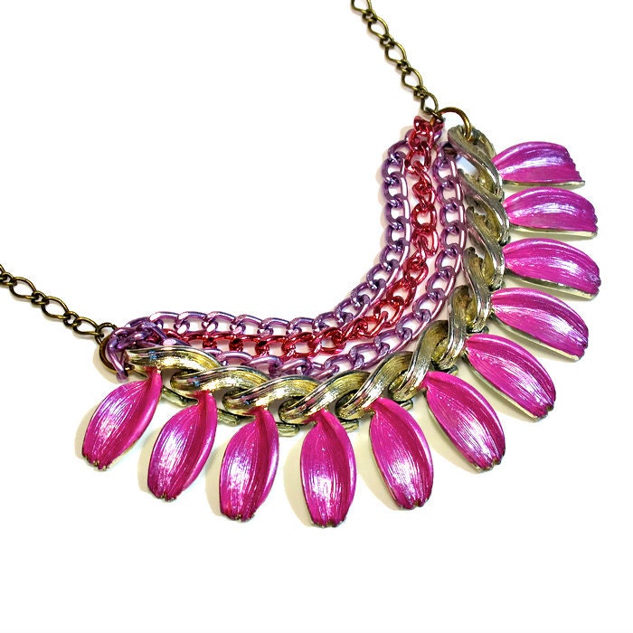 Colorful Fuchsia Necklace Statement Multi Chain Upcycled
