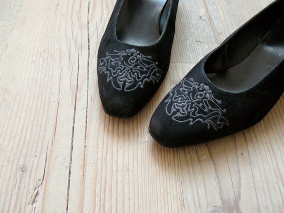 Vintage 1980s Flats Black Suede Ballerinas Black Flats