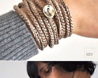 Crochet Wrap Bracelet and Necklace in one piece. Gold color . Friendship Bracelet . Simple, beautiful and lightweight .