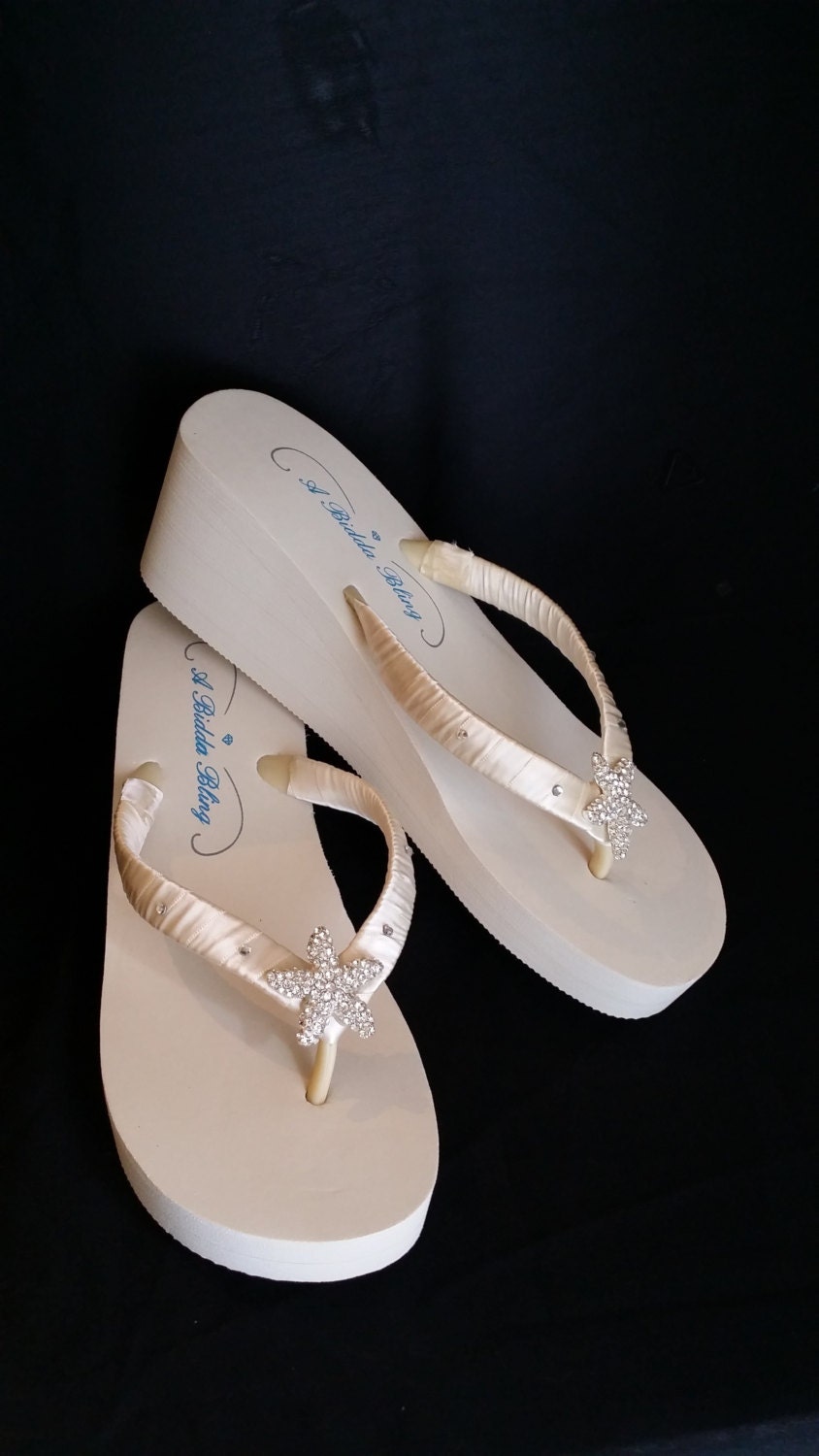 SALE Ivory Wedge Bridal Flip Flops Sandals with Rhinestone