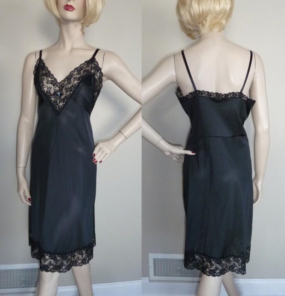 70s Black Dress Slip Nylon Lace Trim by HookandEyeVintage