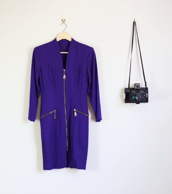 SALE 80's Purple Power Dress with Gold Zip Front Body con