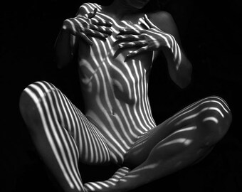 9747-DJA Zebra Woman Rear View Black White Stripes Sensual Female Curves of a Young Woman Poster 