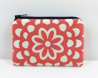 Lotus Flower Coin Purse - Zipper Pouch - Card Case - Red Orange - Mini Wallet - Gift ideas - Padded Pouch - Change Purse