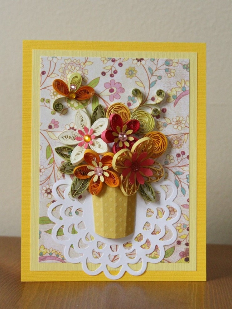 Handmade Quilling Greeting Yellow Card With Quilled Flowers