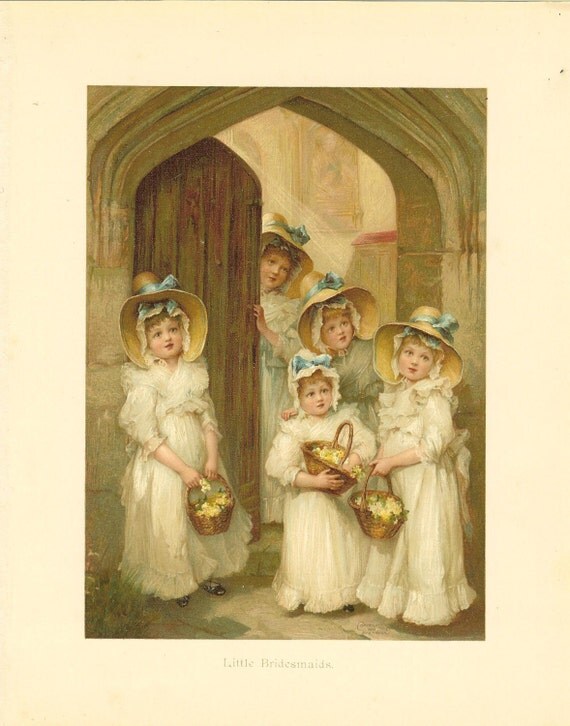 Victorian 1896 Ernest Nister  Antique Childrens Print Bridesmaids Straw Bonnets Basket Of Flowers At Church Door Wedding Vintage Book Plate