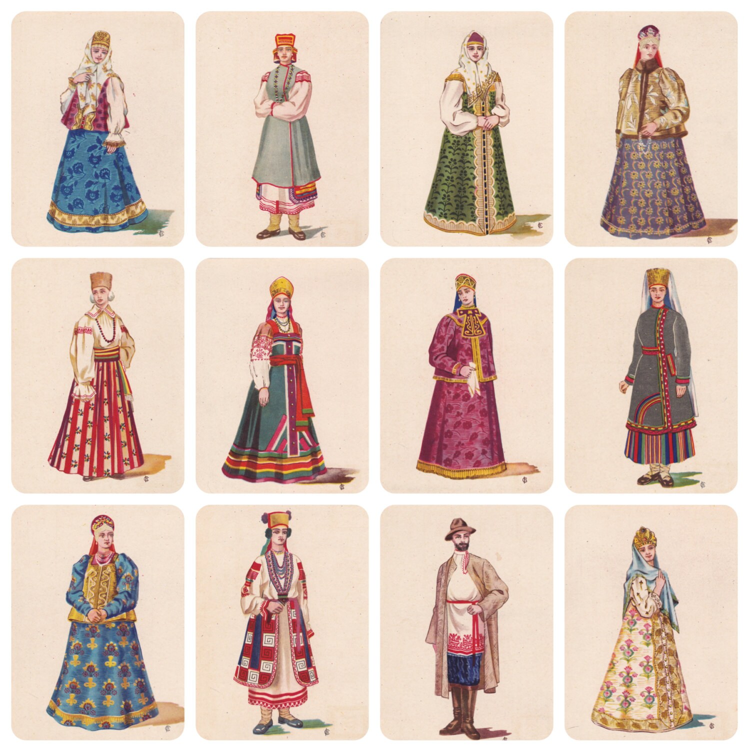 Russian Folk Costume Dress Part II. Drawings by V. Sorokin.