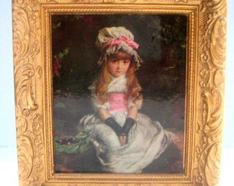 Vintage Framed Picture,Madryn Miniature,Made in England,Little Girl,Chalkware,Gilt Frame.