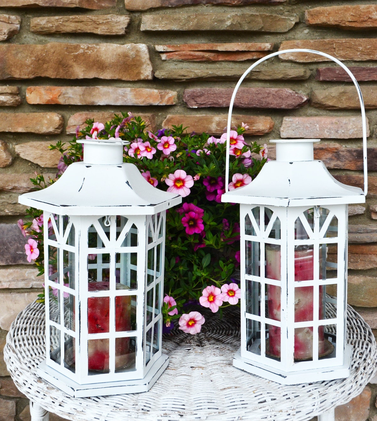 On Sale...Shabby Chic Lanterns / White Distressed Candle Pair