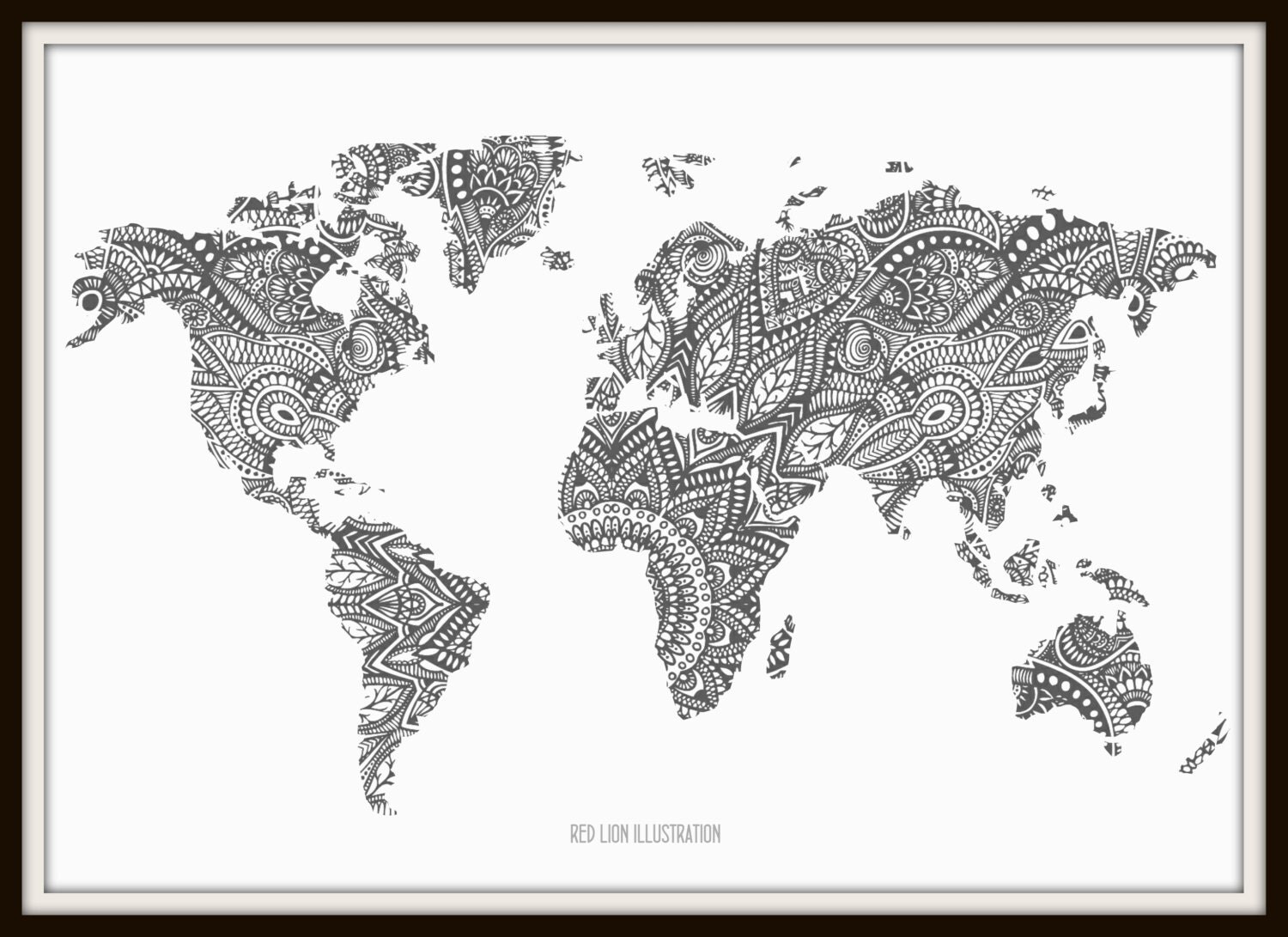 Zentangle World Map Art Print by RedLionIllustration on Etsy