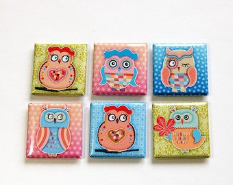Owls, Square Magnets, Owl Magnets, Fridge Magnets, Kitchen Magnets, Magnets, button magnets, Bright colors, pink, blue, green (4610)