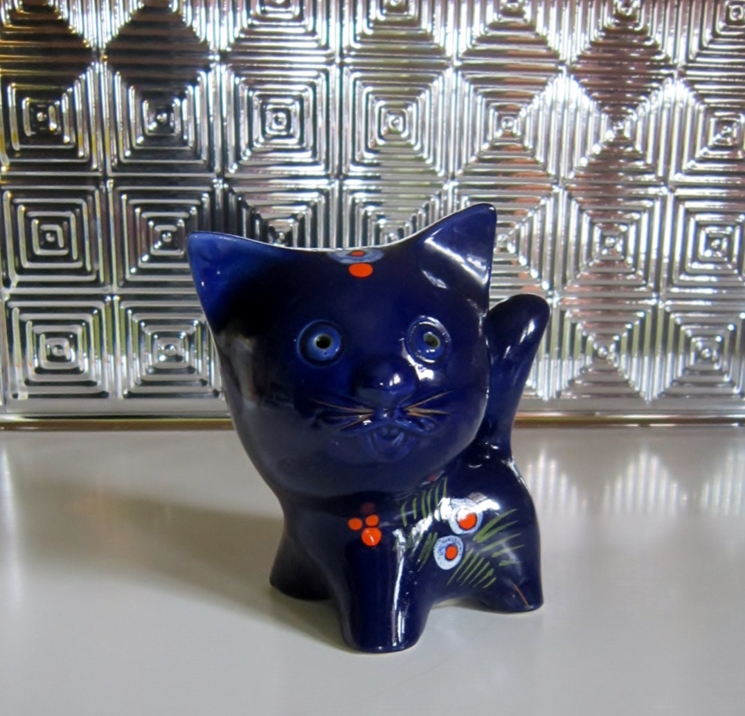 Vintage Cat Ceramic Bank Kitty Piggy Bank Blue Kitten Ceramic