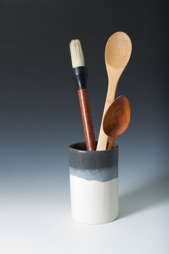 Matte Black Grey and White Utensil / Brush Holder by VitreousWares