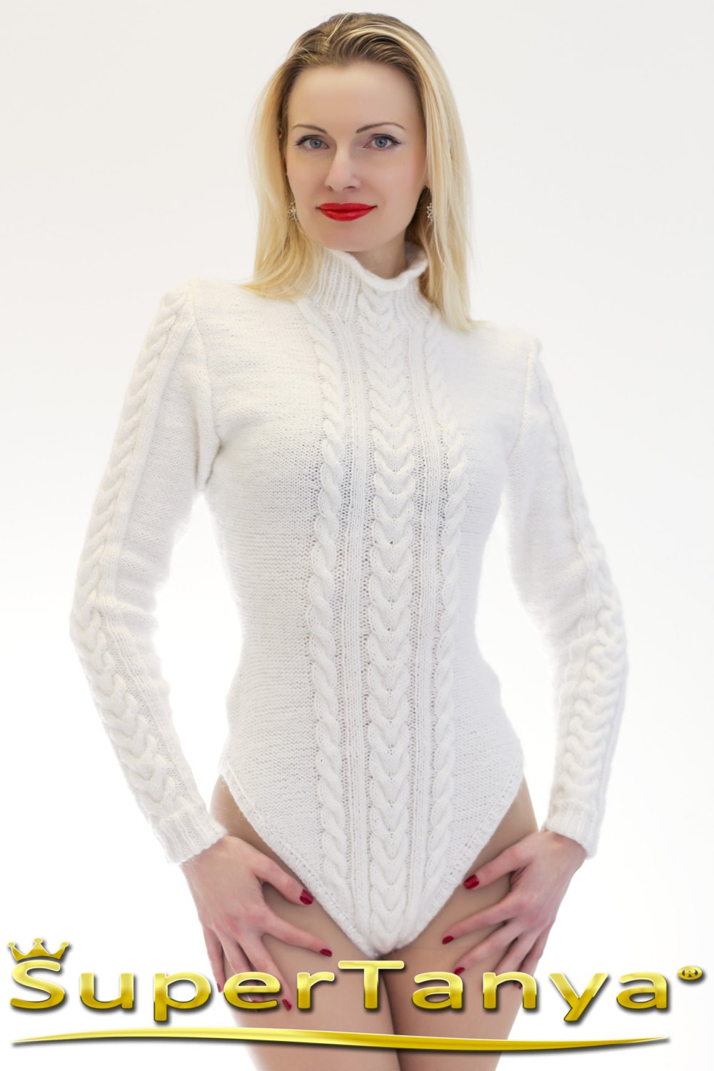 Made to order WHITE Hand Knitted Bodysuit Soft Cable Knit Wool