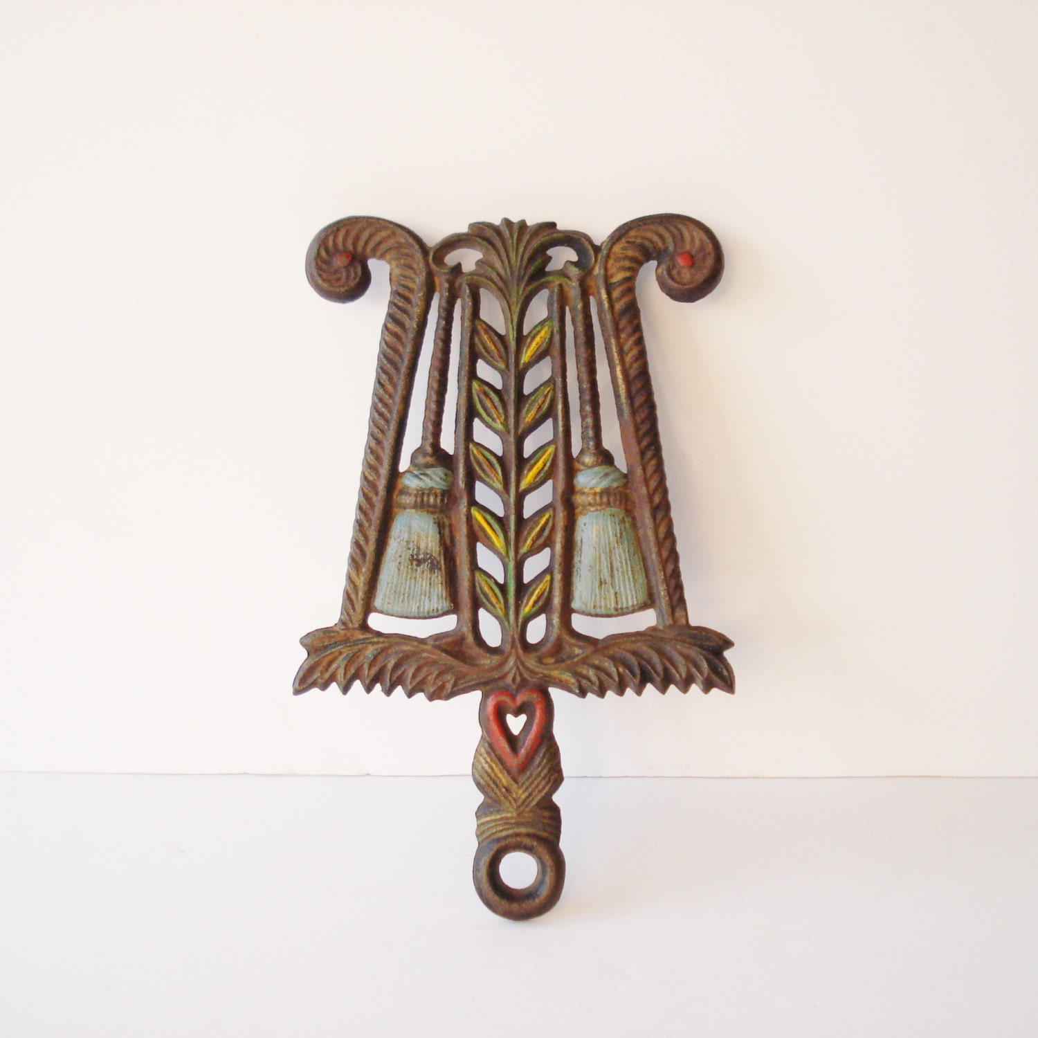 Vintage Cast Iron Trivet Heart and Brooms Trivet