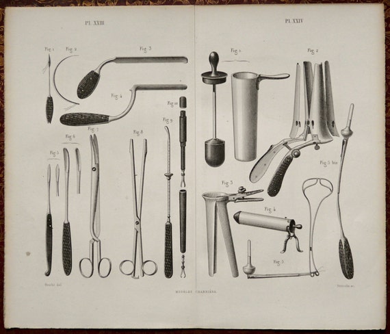 1857 Antique print of SURGERY TOOLS and surgical instruments