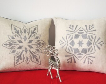 Silver Snowflake Pillow, Burlap Christmas Pillow Cover, Set of 2 Holiday Pillow Christmas Decorations