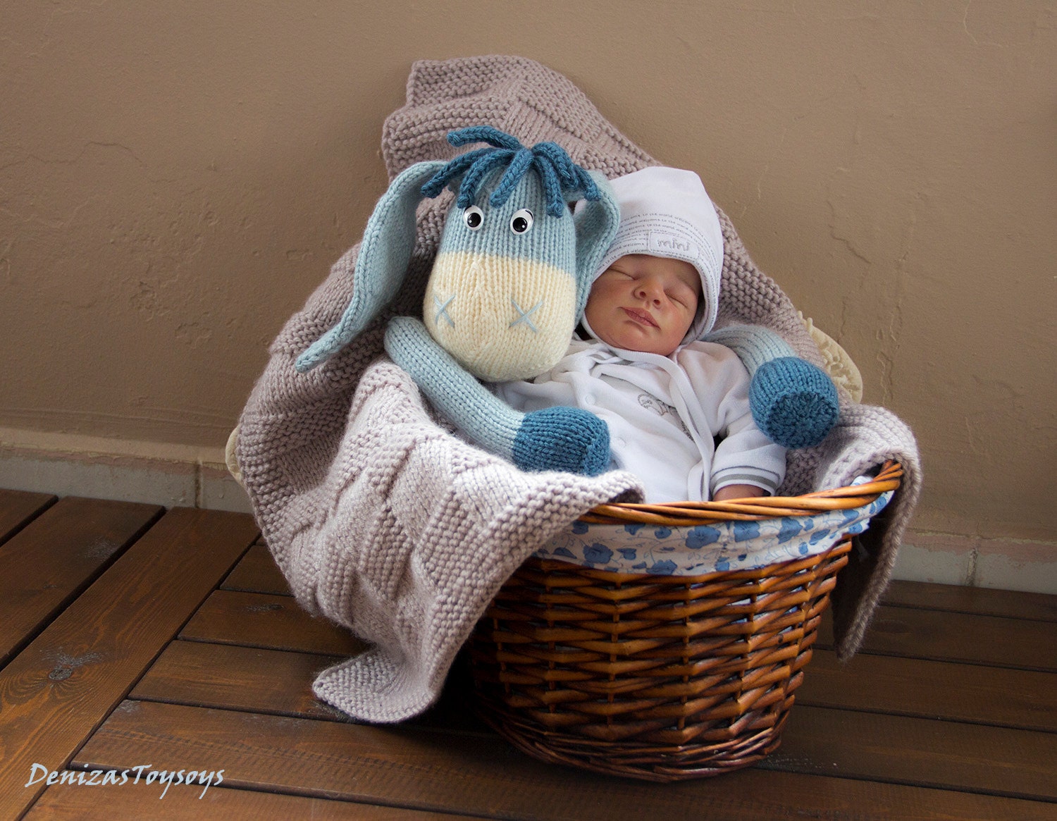Donkey Toy Baby Blanket knitting pattern. Toy is knitted in