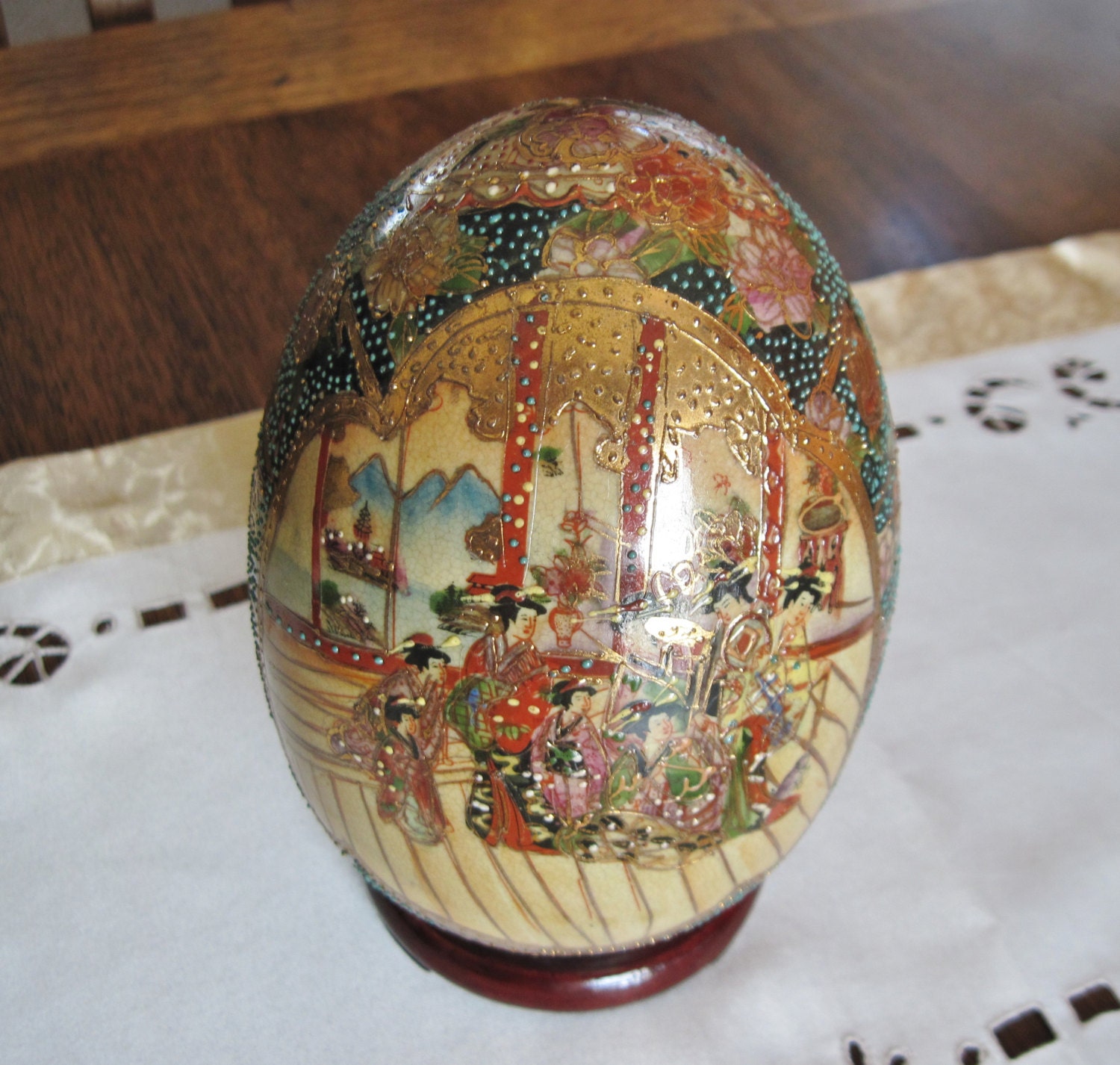 Satsuma Egg Gilded Geishas Porcelain Moriage Hand Painted 1970